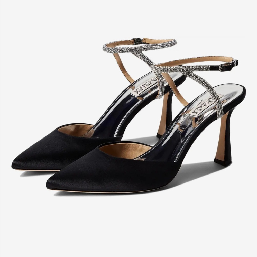 Badgley Mischa sz 9.5 black & silver Kamilah heels w/ rhinestone ankle strap